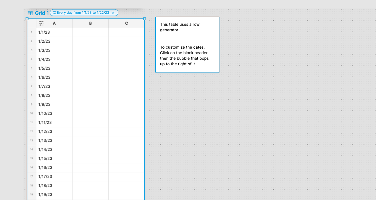 Table with generated row of dates